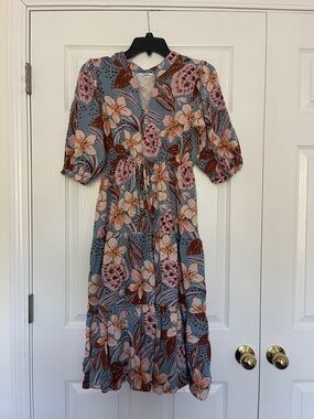 Floral V-Neck Tiered Midi Dress in Blue and Pink